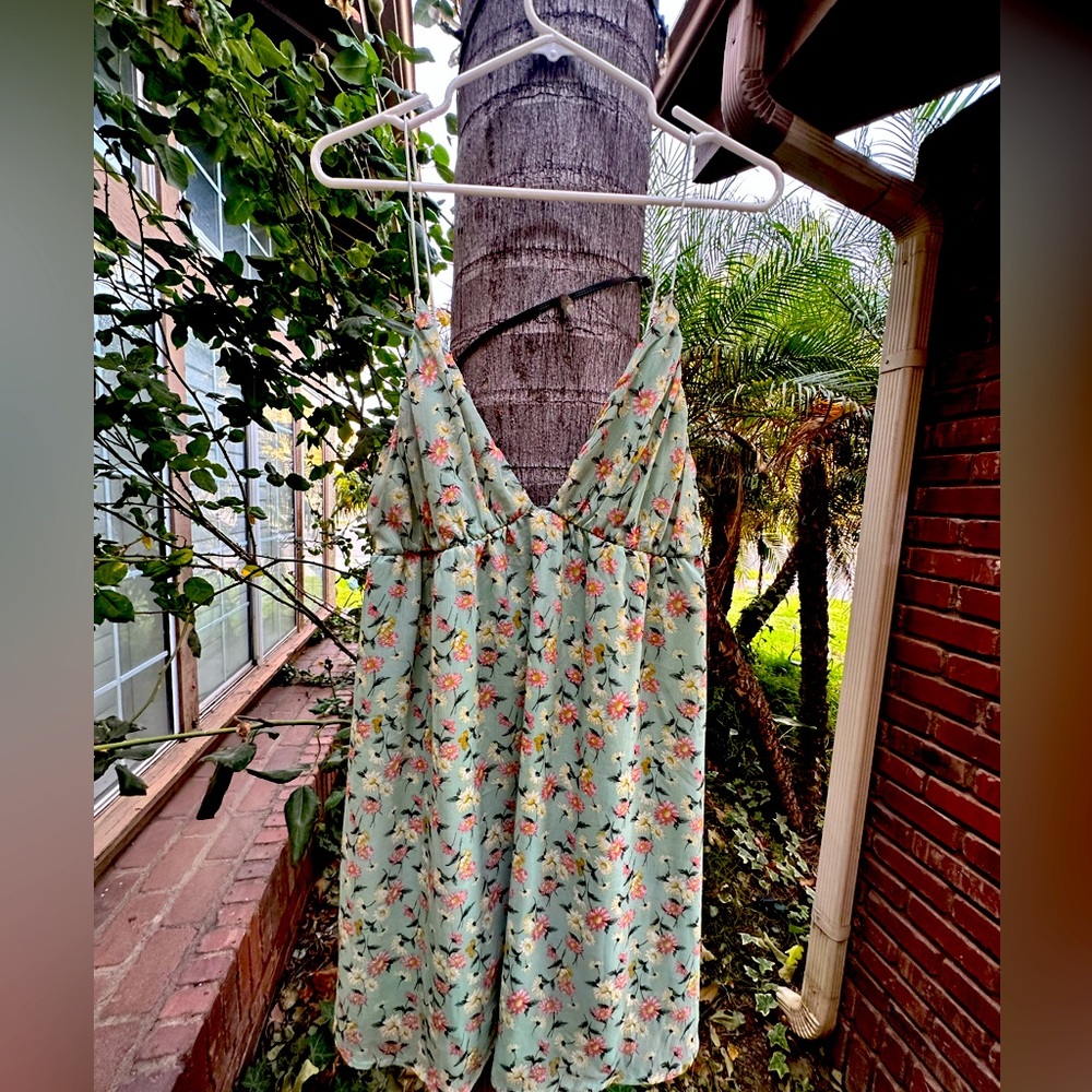 Low cut, tie back, floral drop waist dress!